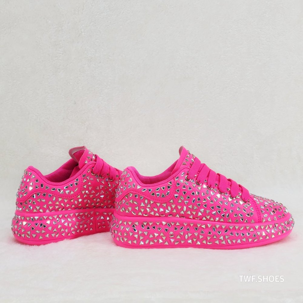 Geo Dazzle Cush Iridescent Stone Hot Pink Platform Sneakers Tennis Shoes - Picture 4 of 11
